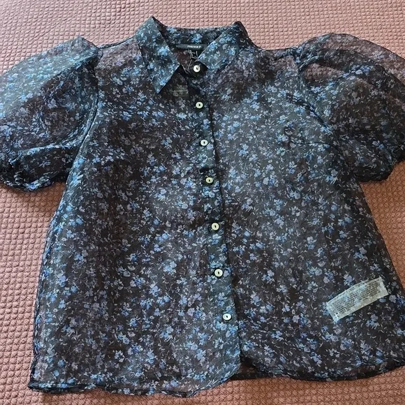 Forever 21 Floral Sheer Puff Sleeve Womens Blouse - Picture 1 of 9